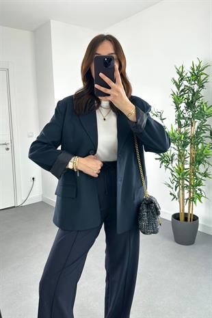 Lacivert Çift Düğme Detaylı Kapak Cepli Blazer Ceket