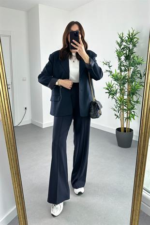 Lacivert Çift Düğme Detaylı Kapak Cepli Blazer Ceket
