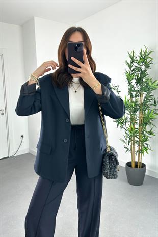 Lacivert Çift Düğme Detaylı Kapak Cepli Blazer Ceket