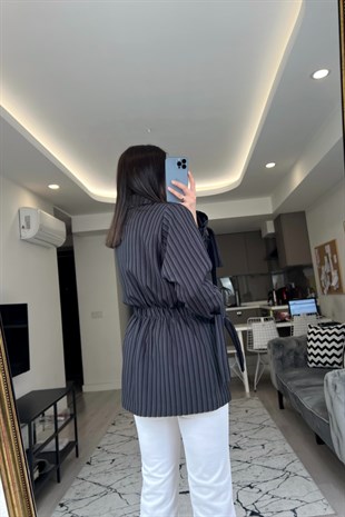 Siyah Maroken Çizgili Kuşaklı Blazer