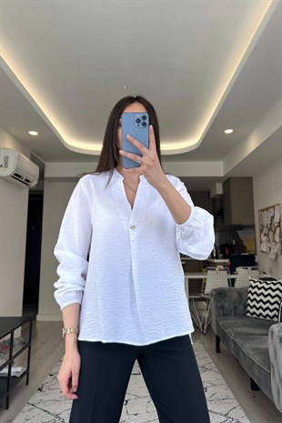 Beyaz Hakim Yaka Gold Detaylı Bluz