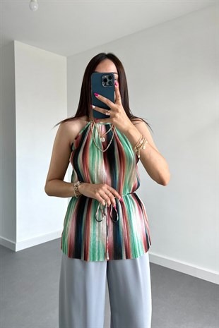 Çizgili Omuz Dekolteli Bluz
