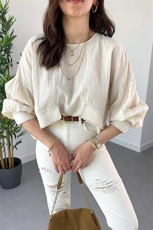 Ekru Keten Süs Cep Detaylı Dikişli Bluz