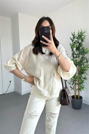 Ekru Keten Süs Cep Detaylı Dikişli Bluz