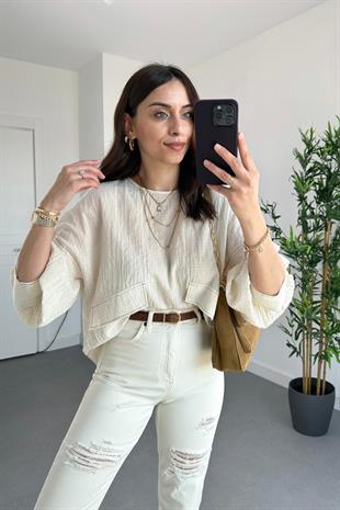 Ekru Keten Süs Cep Detaylı Dikişli Bluz