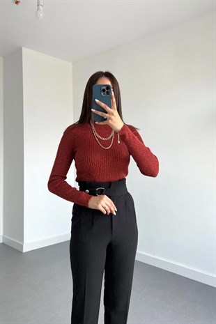 Kiremit Rengi Dik Yaka Işıltılı Bluz