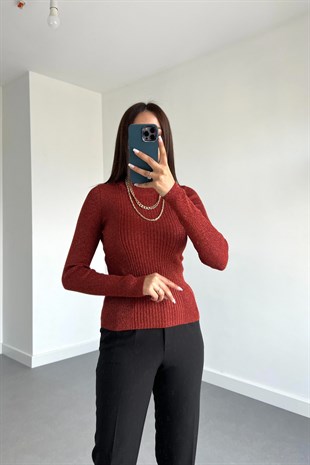 Kiremit Rengi Dik Yaka Işıltılı Bluz