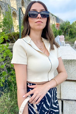 Krem Fermuarlı Bluz