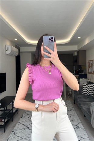 Lila Fırfır Detaylı Bluz
