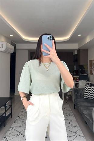 Mng Pili Tasarımlı Yeşil Bluz