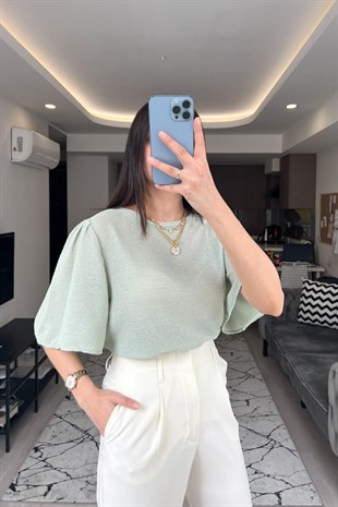 Mng Pili Tasarımlı Yeşil Bluz