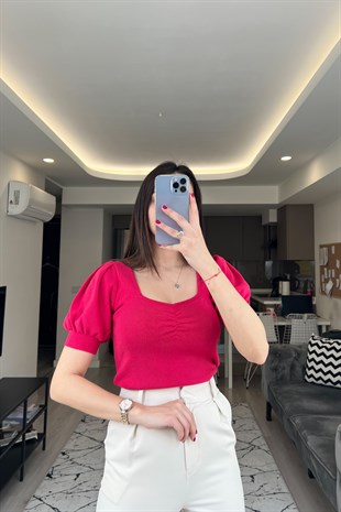Pembe Kare Yaka Bluz