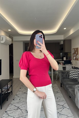 Pembe Kare Yaka Bluz