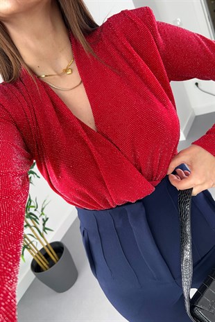 Shine Kırmızı Işıltılı Vatkalı Bluz