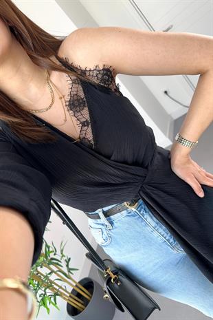 Siyah Dantel Detaylı Tek Kol Bluz