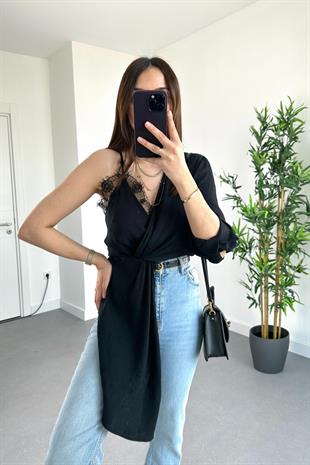 Siyah Dantel Detaylı Tek Kol Bluz