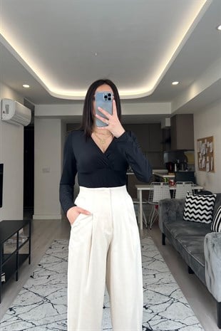Siyah Kruvaze Yaka Bodysuit