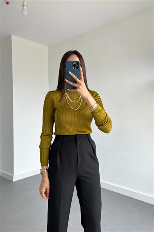 Yağ Yeşili Dik Yaka Bluz