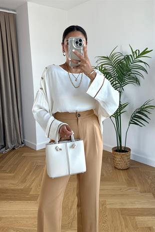 Yusta Ekru Manşetleri Biyeli Bluz