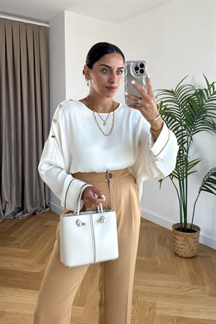 Yusta Ekru Manşetleri Biyeli Bluz