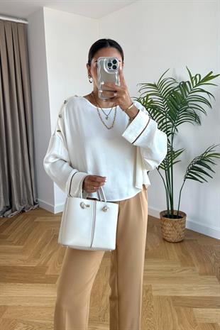 Yusta Ekru Manşetleri Biyeli Bluz