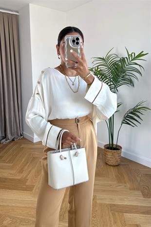 Yusta Ekru Manşetleri Biyeli Bluz