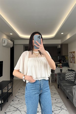 ZR Tül Detaylı Krem Bluz