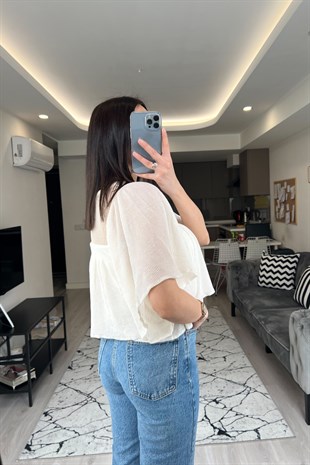 ZR Tül Detaylı Krem Bluz