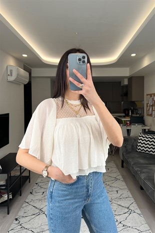 ZR Tül Detaylı Krem Bluz