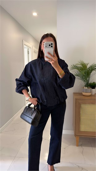 Bode Lacivert Taşlı Denim Bomber Ceket
