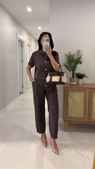 Boilda Kahve Gold Düğme Detaylı Ceket Pantolon Takım