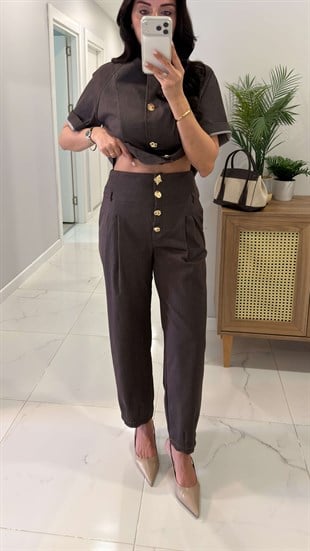 Boilda Kahve Gold Düğme Detaylı Ceket Pantolon Takım