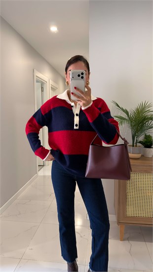 Bolpe Kırmızı Lacivert Polo Yaka Triko