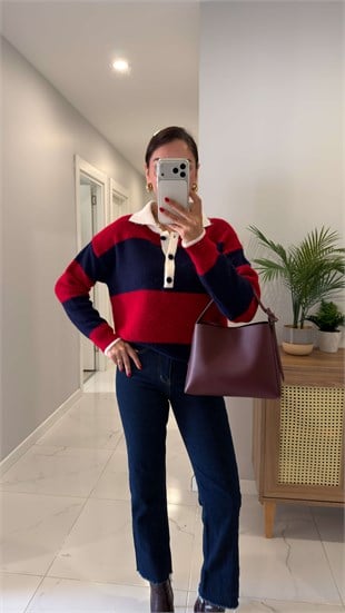 Bolpe Kırmızı Lacivert Polo Yaka Triko
