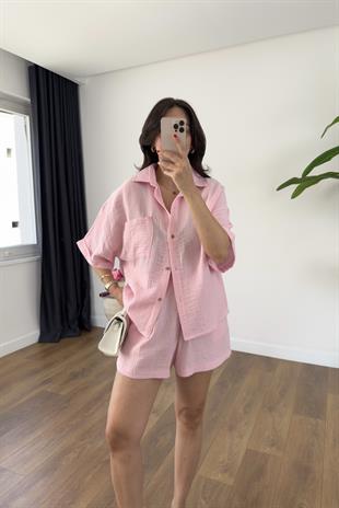 Bomti Pembe Cep Detaylı Müslin Gömlek Şort Takım