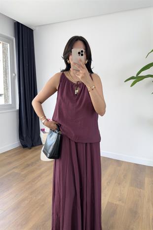 Bonita Bordo Boncuk Askılı Etek Astarlı Bluz Takım