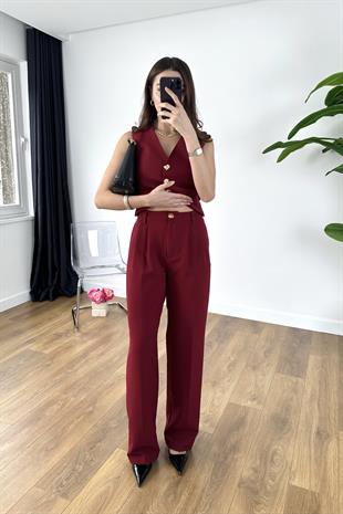 Bonte Bordo Gold Düğmeli Yelekli Takım