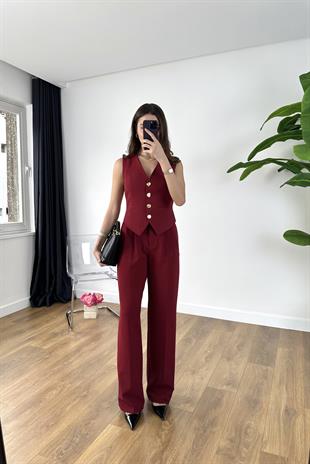 Bonte Bordo Gold Düğmeli Yelekli Takım