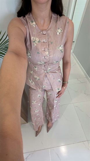 Bonwi Gül Kurusu Çiçek Desenli Yelen Pantolon Takım