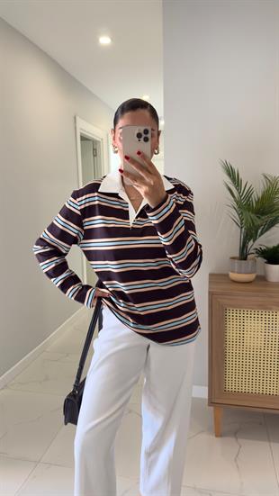 Boston Kahve Polo Yaka Çizgili Sweat