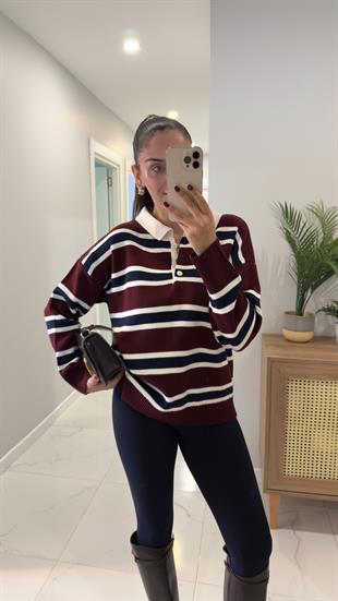Buhy Bordo Krem Polo Yaka Çizgili Triko