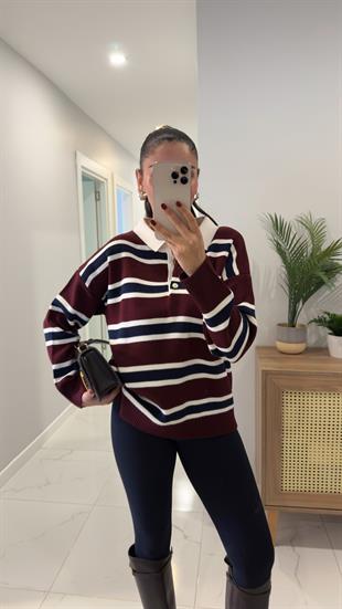 Buhy Bordo Krem Polo Yaka Çizgili Triko