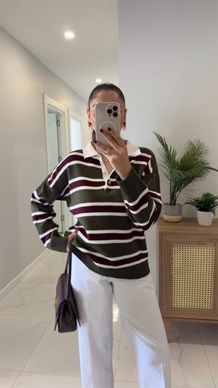 Buhy Haki Bordo Polo Yaka Çizgili Triko