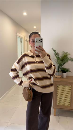 Buhy Vanilya Cherry Polo Yaka Çizgili Triko