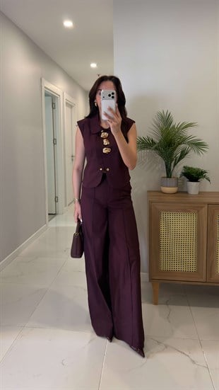 Bukle Bordo Gold Düğme Detaylı Yelek Pantolon Takım