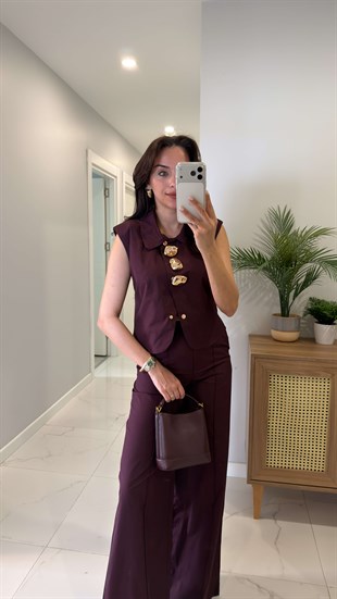 Bukle Bordo Gold Düğme Detaylı Yelek Pantolon Takım