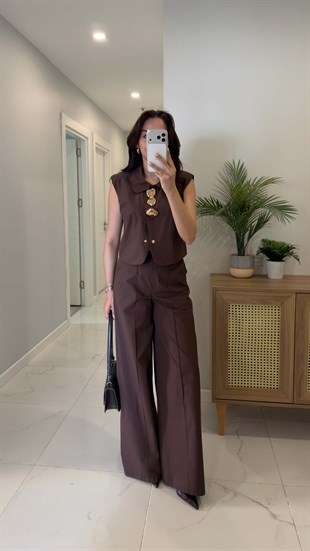 Bukle Kahve Gold Düğme Detaylı Yelek Pantolon Takım