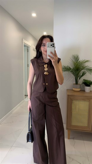 Bukle Kahve Gold Düğme Detaylı Yelek Pantolon Takım