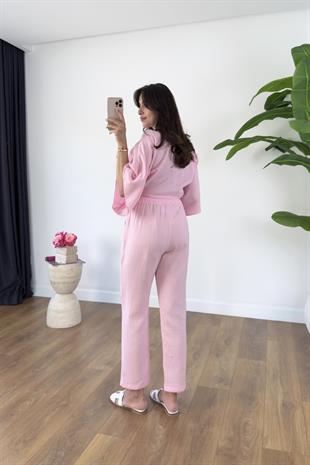 Buny Pembe Bağlama Detaylı Müslin Pantolon Takım