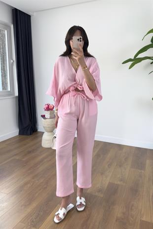 Buny Pembe Bağlama Detaylı Müslin Pantolon Takım